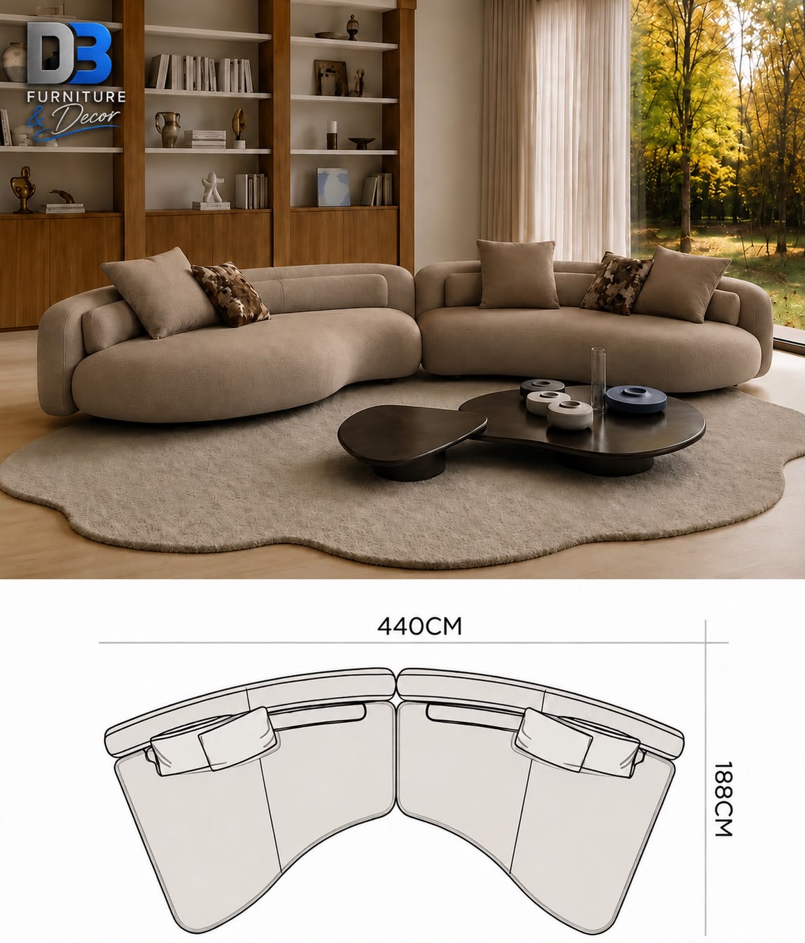 D3 curved seating configuration approximately 440 by 188 centimetres