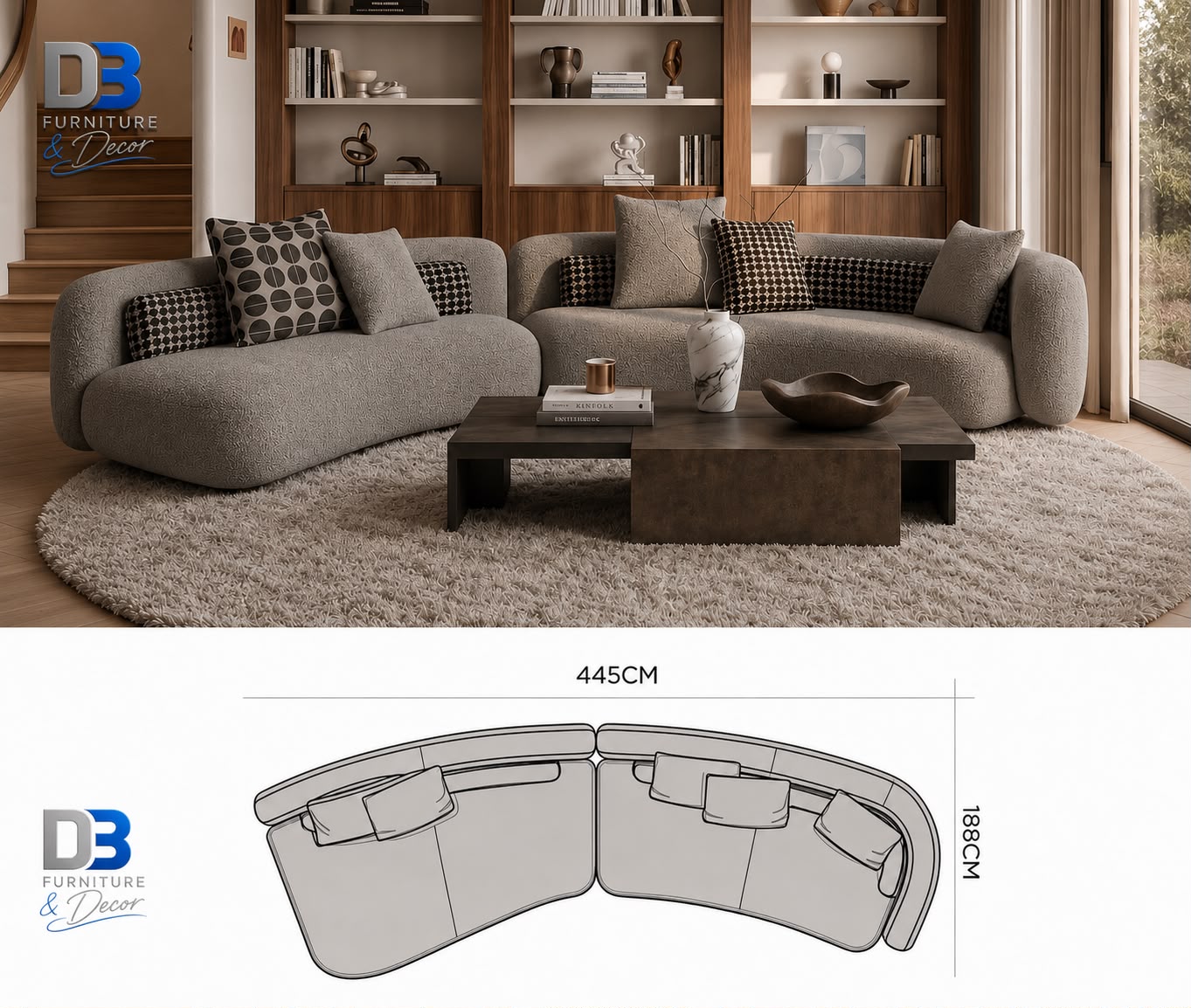 D3 custom curved couch configuration approximately 445 by 188 centimetres
