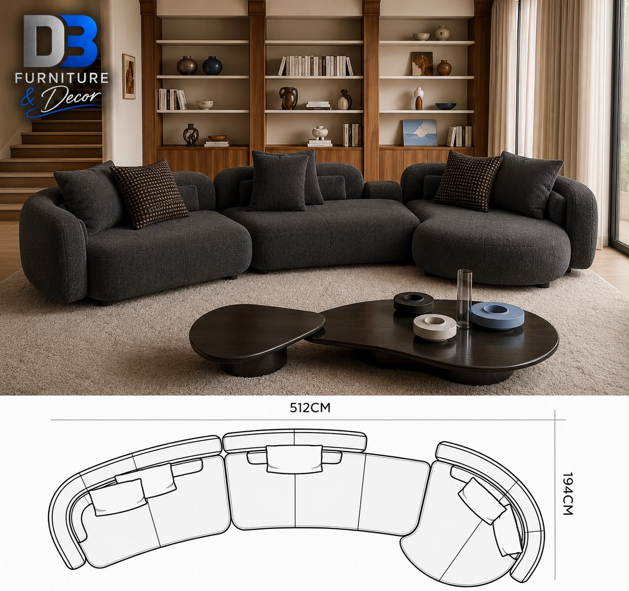 D3 curved sectional seating configuration approximately 512 by 194 centimetres