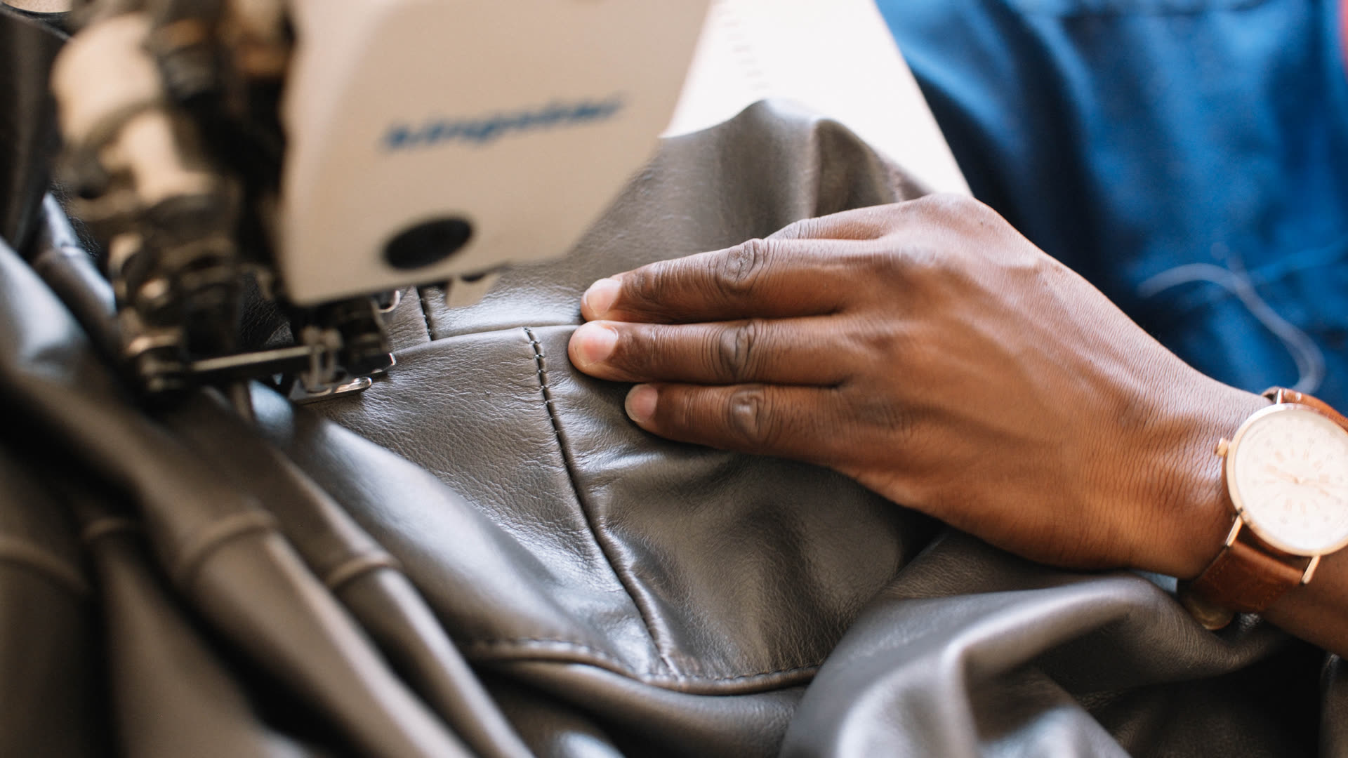 D3 leather stitching under an industrial sewing machine