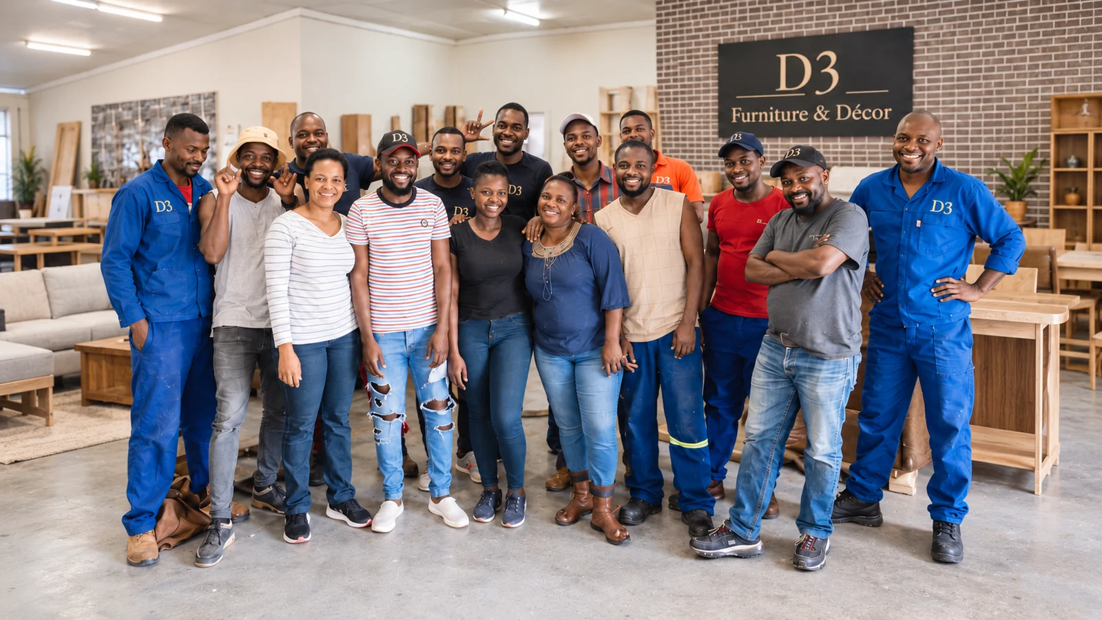 D3 Furniture and Décor team standing together in the factory